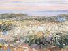 The image is an abstract painting featuring a landscape with a field of flowers and a body of water in the background.