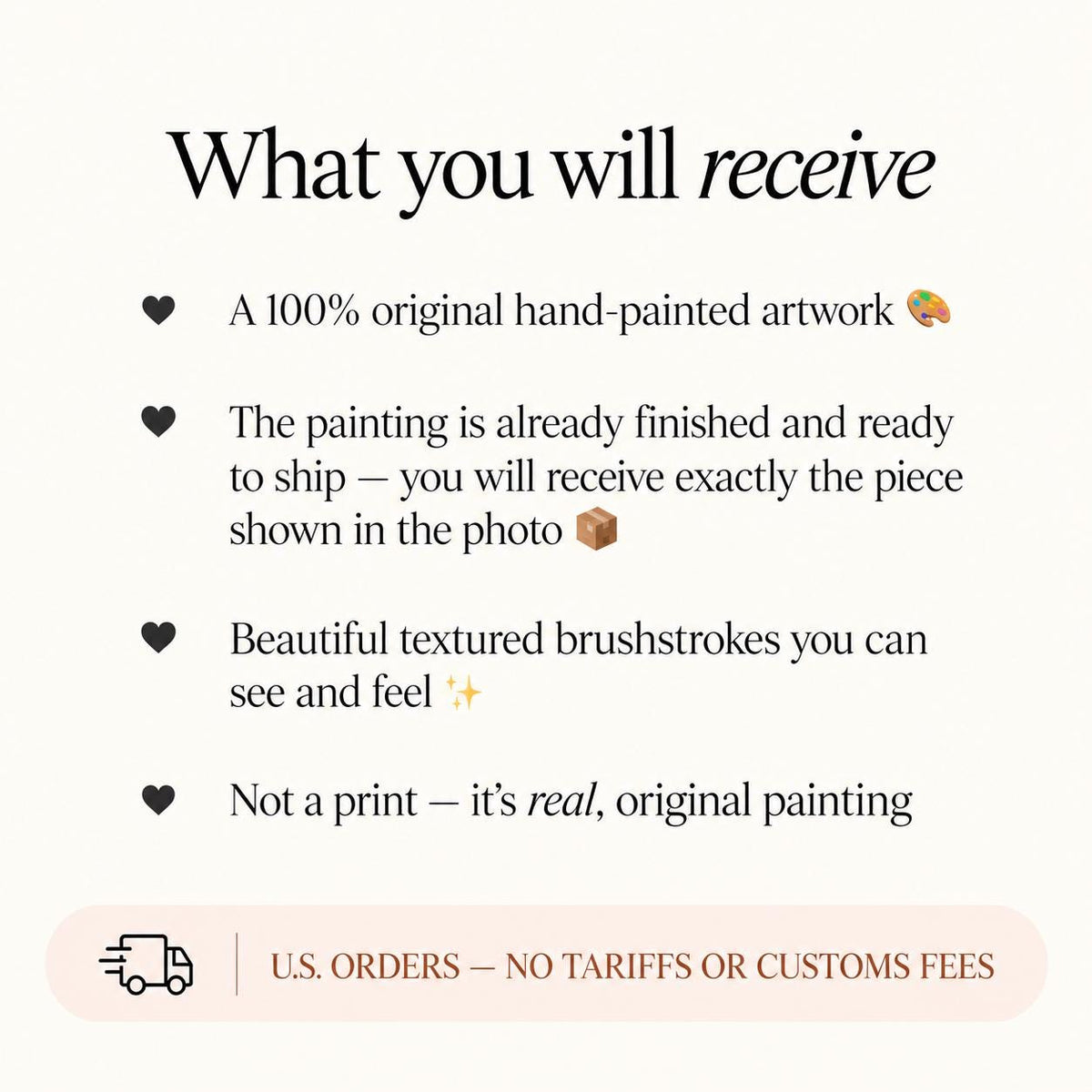 The image is a 100% original hand-painted artwork that is already finished and ready to ship. The painting is already finished and ready to ship, and you will receive the exact piece shown in the photo. The painting has beautiful brushstrokes that you can see and feel, and it is not a print – it's real, original painting. US. Orders – NO TARIFFS OR CUSTOMS FEES