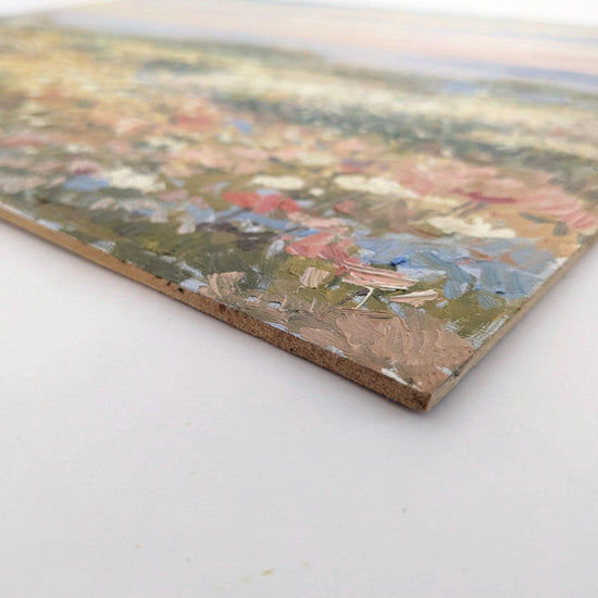 The image is an oil painting depicting a field of flowers.
