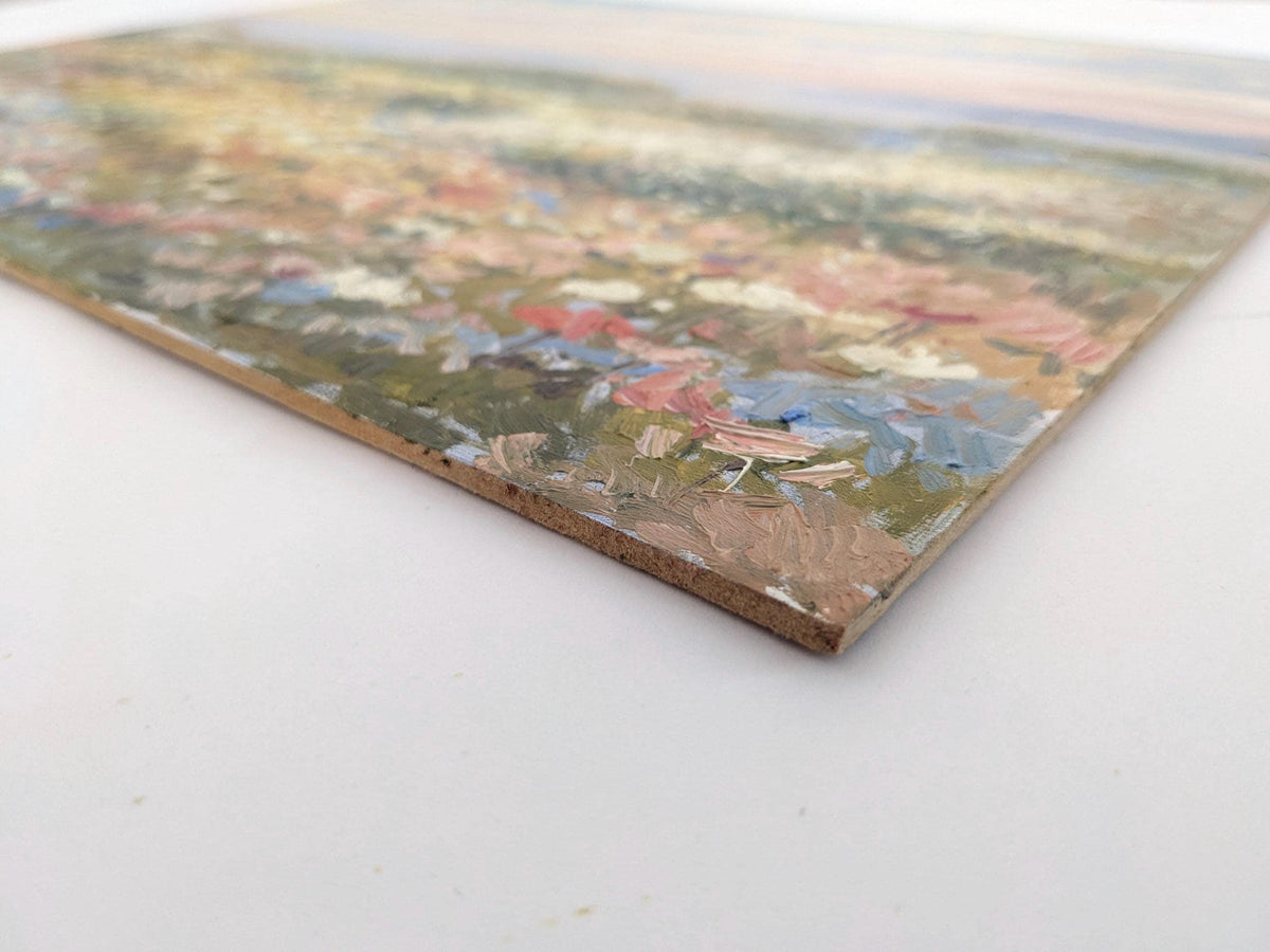 The image is an oil painting depicting a field of flowers.