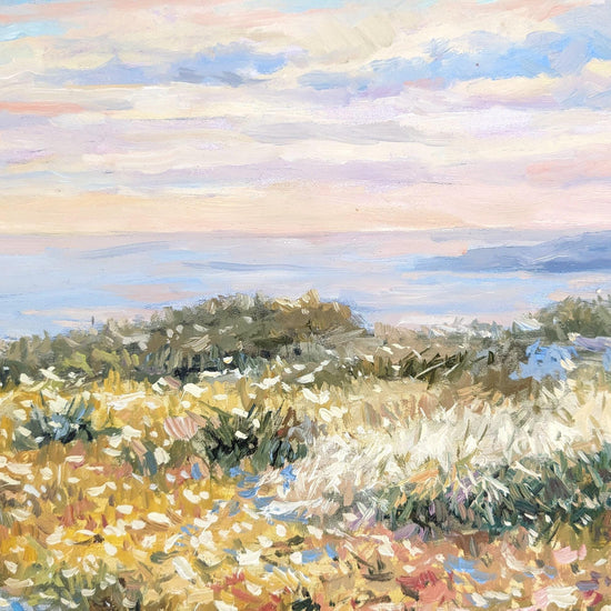 The image is an impressionist painting depicting a serene landscape with a field of flowers and a body of water in the background.