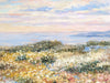 The image is an impressionist painting depicting a serene landscape with a field of flowers and a body of water in the background.