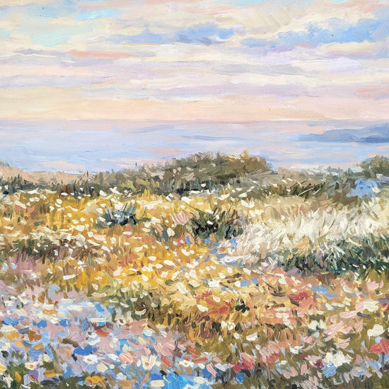 The image is a vibrant impressionist painting depicting a field of wildflowers with a serene body of water in the background.