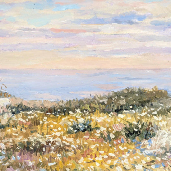The image is an impressionist painting depicting a serene landscape with a field of flowers, a body of water, and a cloudy sky.