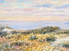 The image is an impressionist painting depicting a serene landscape with a field of flowers, a body of water, and a cloudy sky.