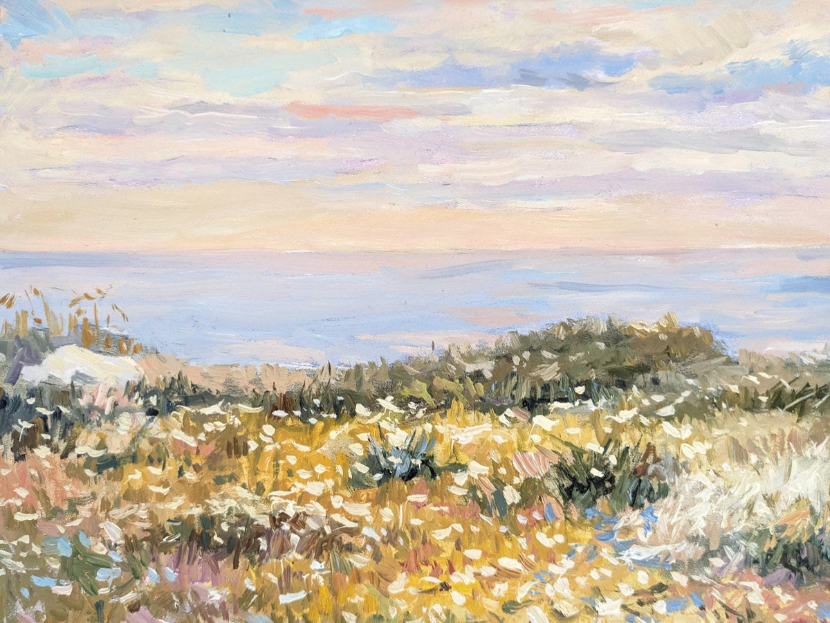 The image is an impressionist painting depicting a serene landscape with a field of flowers, a body of water, and a cloudy sky.