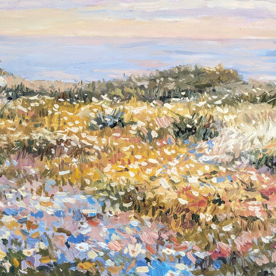The image is an impressionist painting depicting a field of flowers with a blue sky in the background.