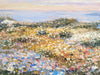 The image is an impressionist painting depicting a field of flowers with a blue sky in the background.