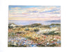 The image is an impressionist painting depicting a field of flowers with a body of water in the background.